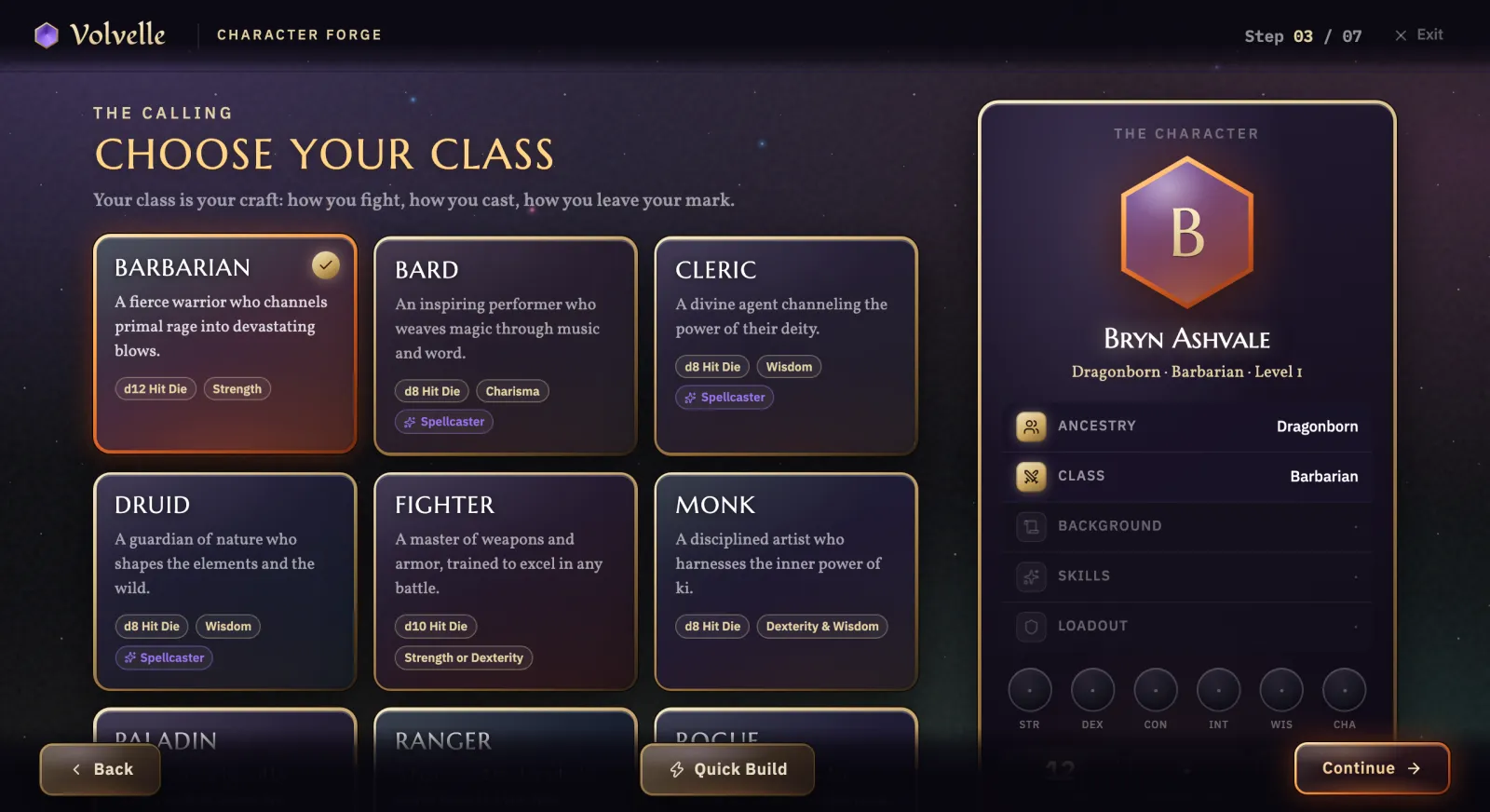 Step three of character creation, "Choose your class", showing a grid of class cards each with its hit die and key ability, with Barbarian selected and the character card at the side reading Dragonborn Barbarian.