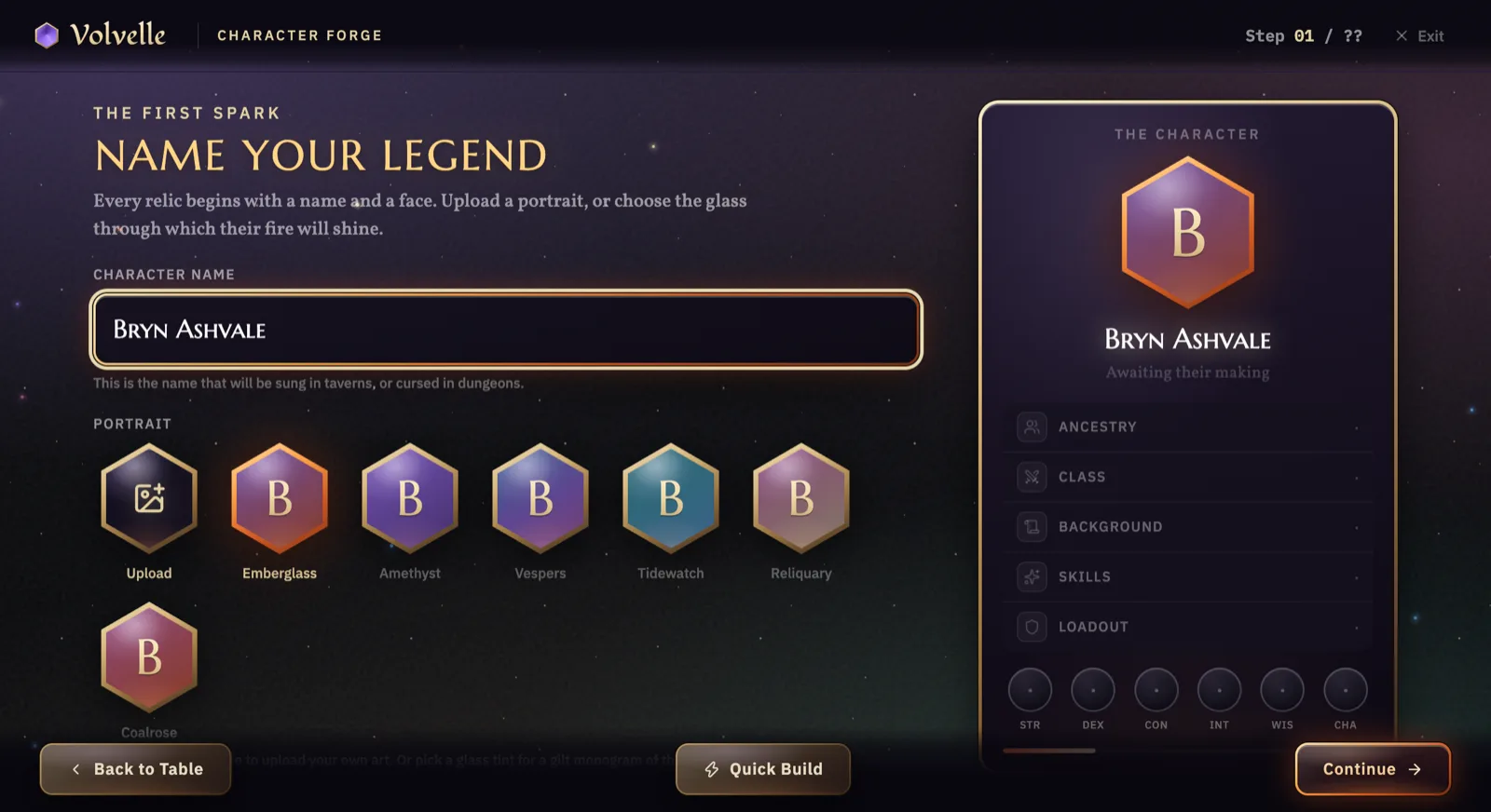 Step one of character creation, "Name your legend", with a name typed into the field and a row of portrait tiles to choose from.