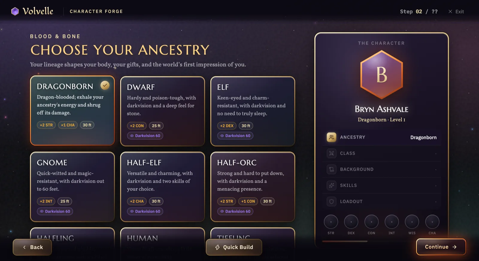 Step two of character creation, "Choose your ancestry", showing the ancestry cards with a plain-language description under each one.