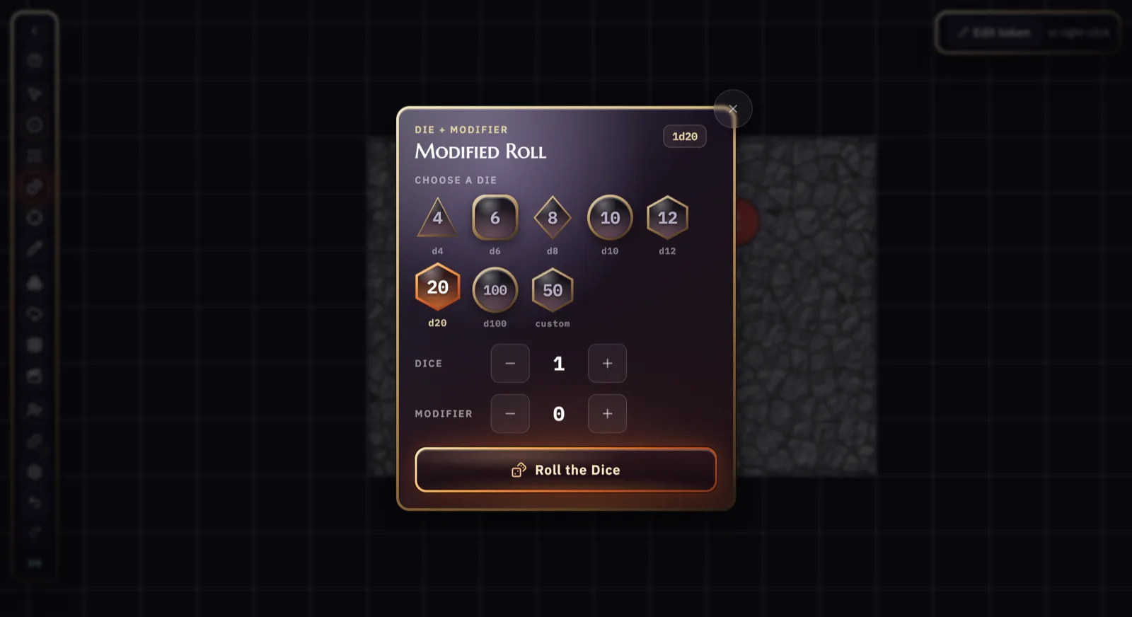 The dice roller on the free map, open on the die chooser, with the twenty-sided die selected.