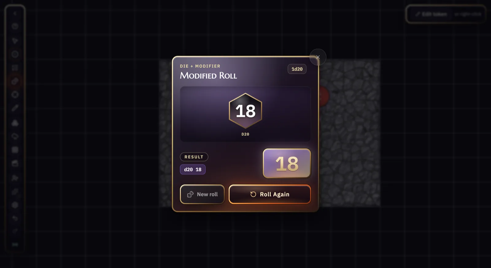 The same dice roller after a throw, showing a result of 18 on the twenty-sided die.