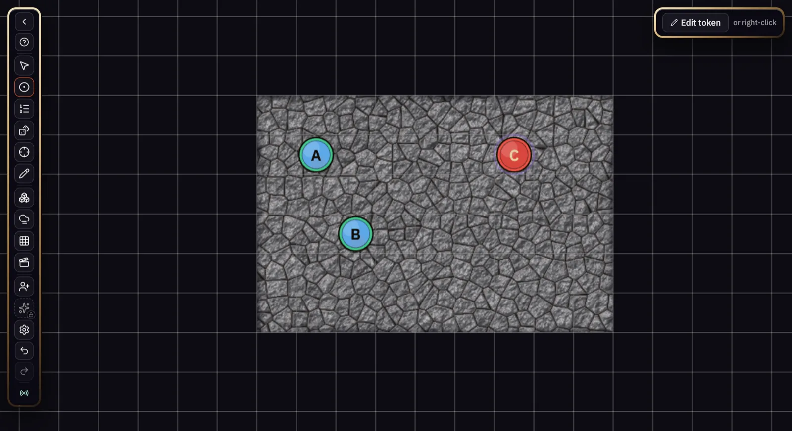 A painted flagstone room on the free map with three tokens standing on the grid.
